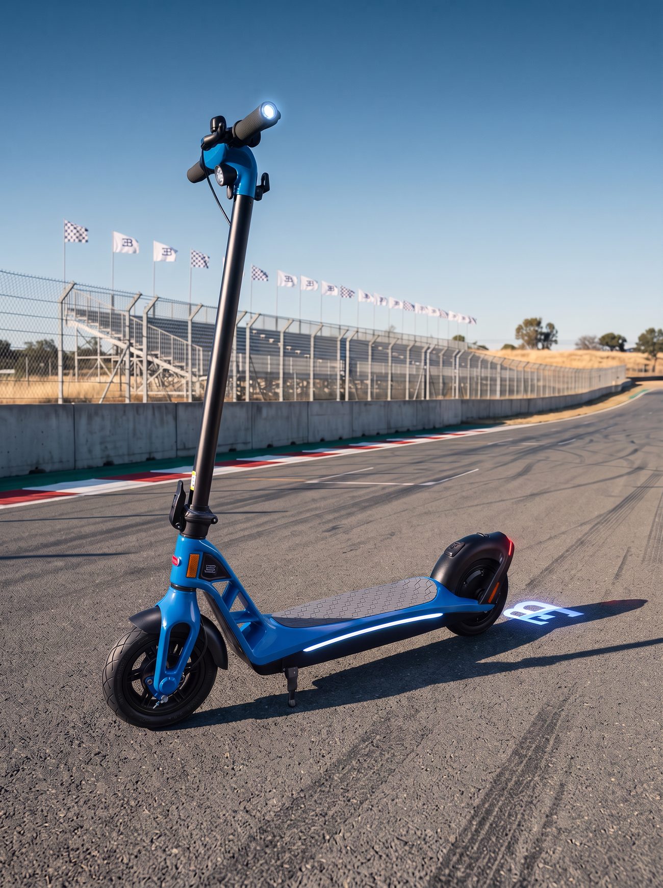 Bugatti Scooter 停於賽道，地面投影 EB 標誌